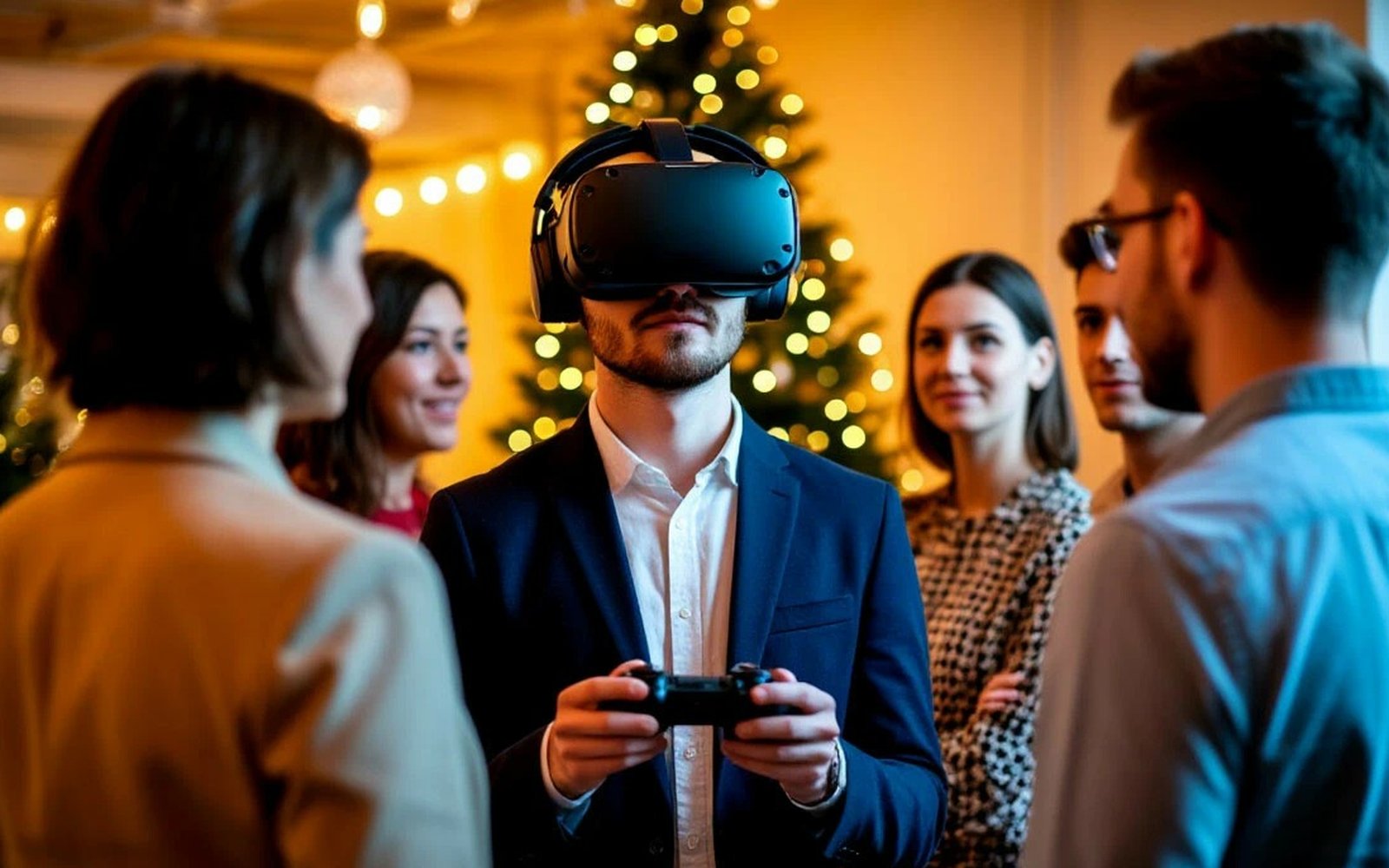 Новый год с VR: гости играют в шлемах у ёлки