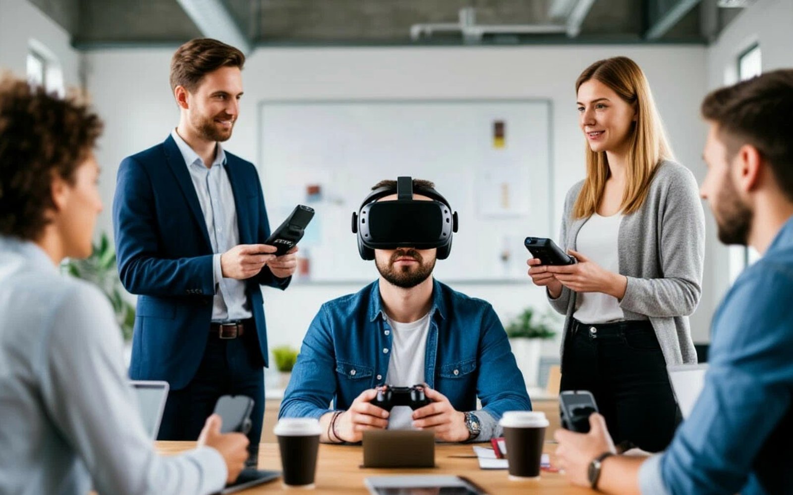 Корпоратив с VR: оператор выдаёт контроллеры коллегам